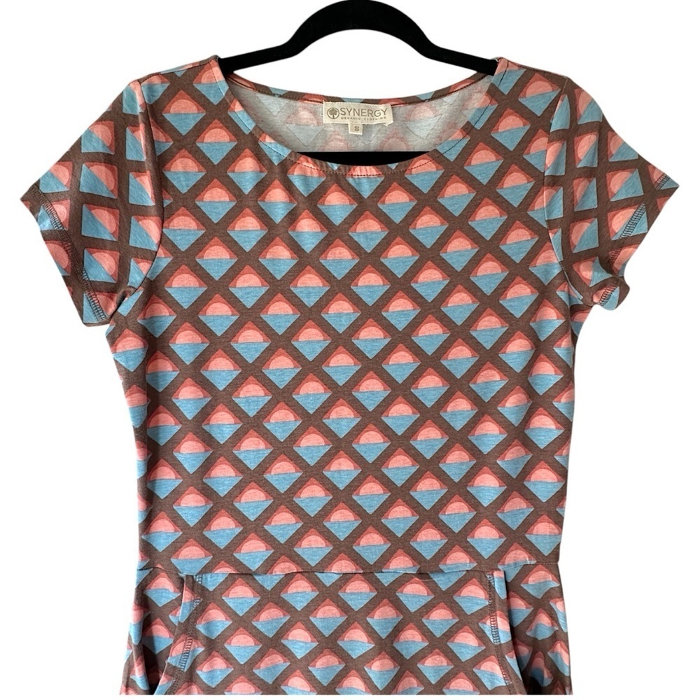 SYNERGY | NWOT ORGANIC COTTON SHORT SLEEVE DRESS POCKETS BROWN & PEACH | SMALL - Picture 2 of 9